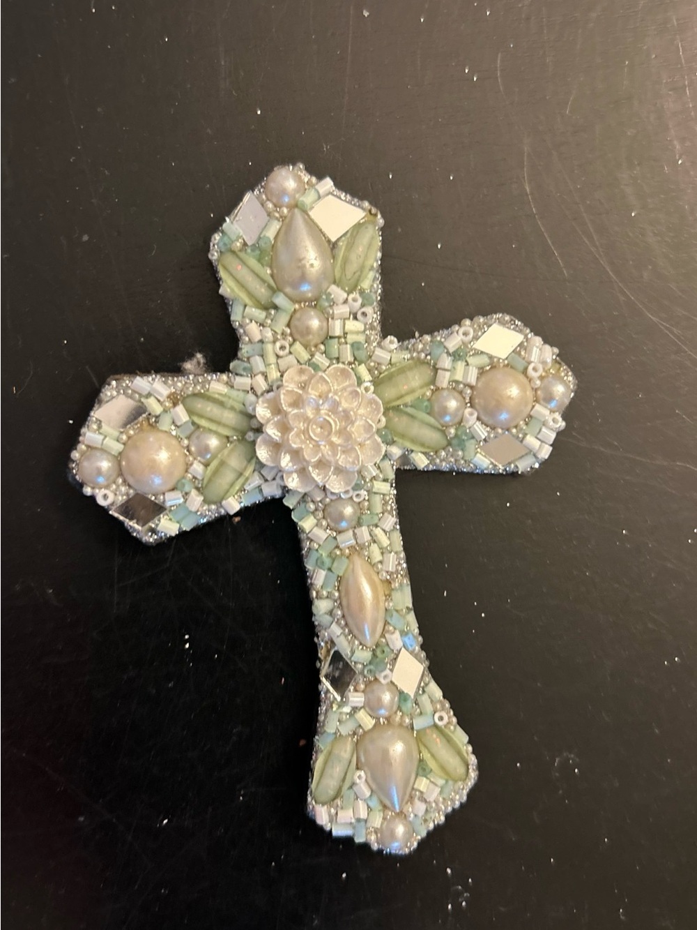 Beaded Decorative Cross magnet Accent in Pale Green and Pearl